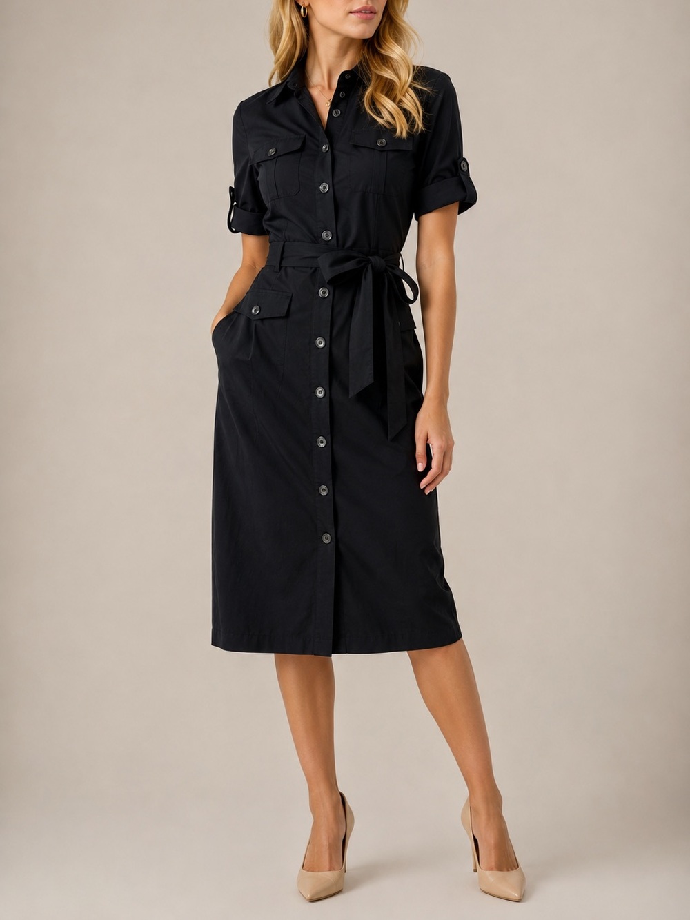 Diane Von Furstenberg Navy Button-Front Midi Shirt Dress with Tie Waist